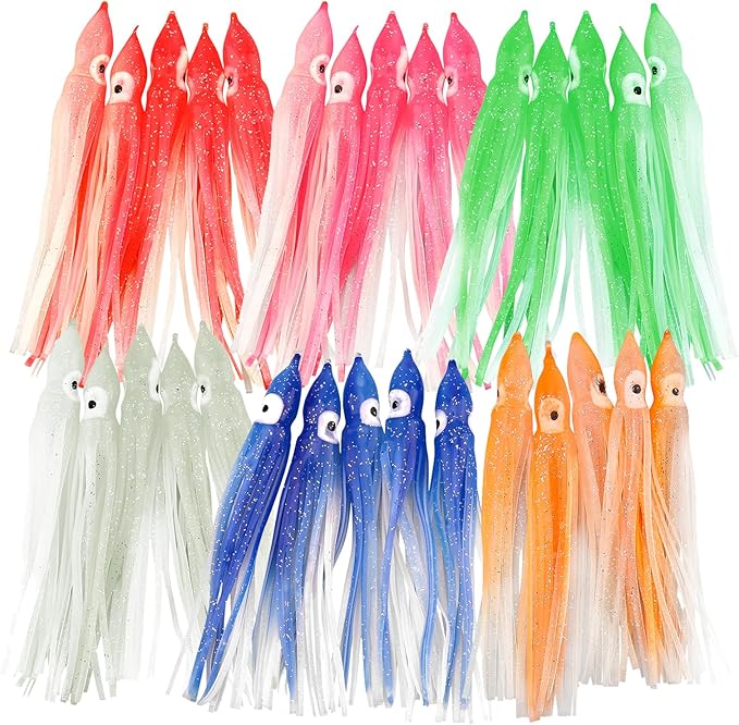 OriGlam 30pcs Luminous Squid Fishing Lures, Glow Octopus Skirts Squid Skirts Trolling Lures, Trolling Saltwater Baits Soft...