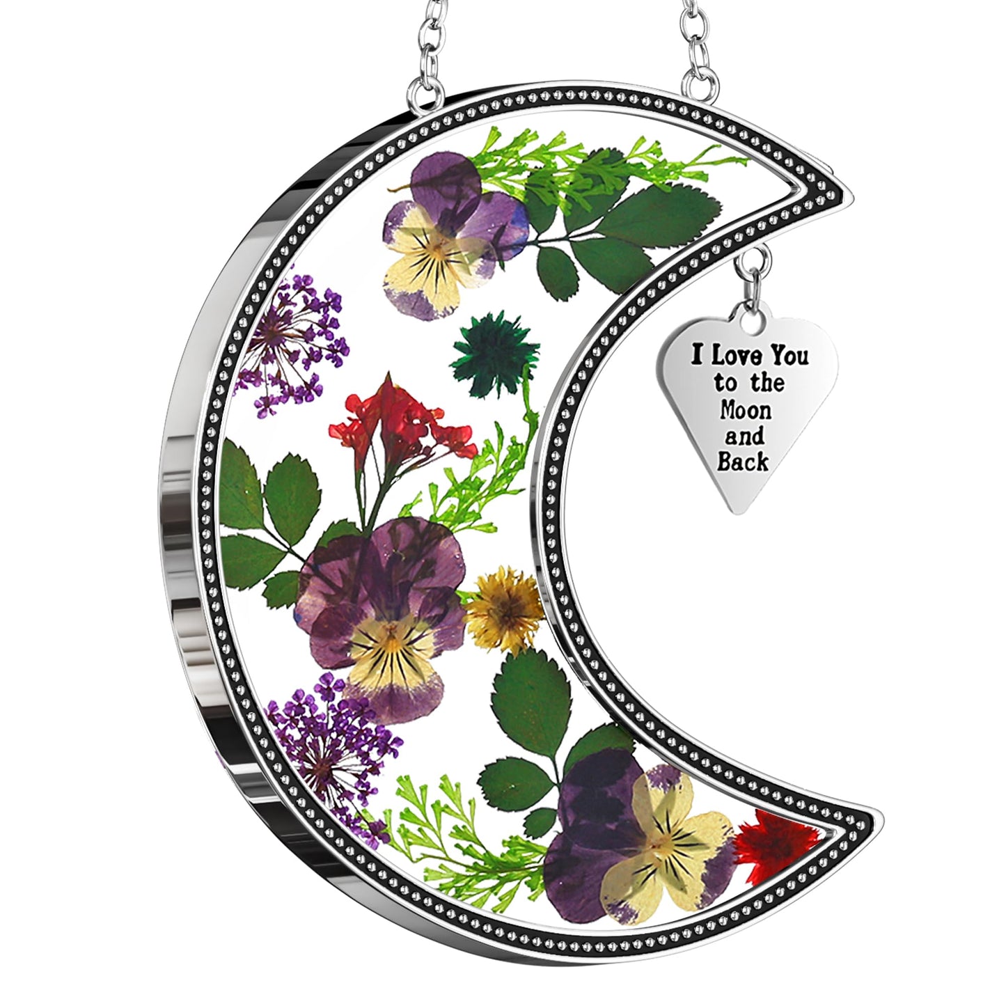KY&BOSAM Moon Suncatcher I Love You to The Moon and Back Stained Glass for Window Hangings Wind Chime Decor with Pressed Real Flower and Metal Charm Birthday Gift for Women Mom Mother`s Day Christmas
