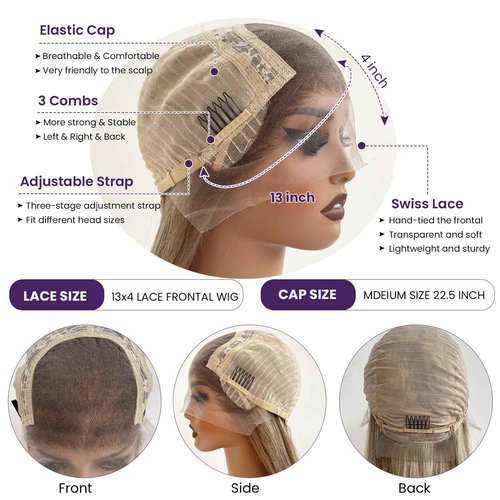 Ash Blonde Highlights Wig Ash Brown Rooted Balayage Ash Blonde Highlighted Lace Front Wigs Human Hair Pre Plucked 13x4 HD Lace Frontal Human Hair 16 Inch 180% Density Highlights Wigs for White Women