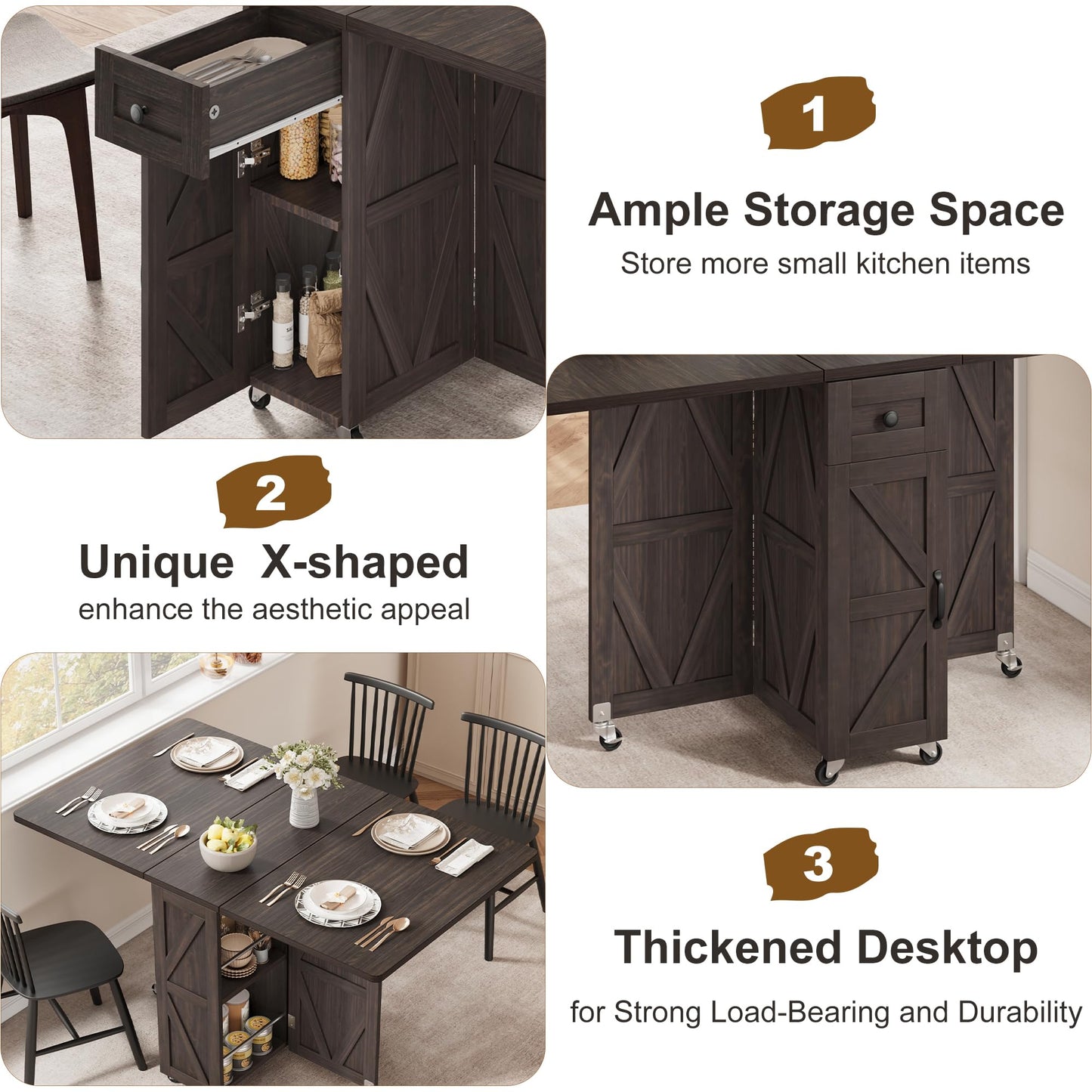 Jocoevol Space Saving Folding Dining Table, Farmhouse Foldable Dining Table with Drawer and 2-Layer Storage Shelf, 6 Wheels Multipose Expandable Kitchen Drop Leaf Table for Small Space (Dark Walnut)