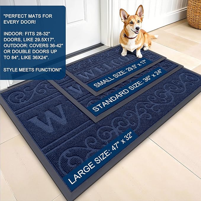 OLANLY Welcome Door Mat Indoor Outdoor Entrance, Heavy Duty Sturdy Front Door Mat, Waterproof All-Weather Doormat, Stain Resistant, Low Profile, Easy Clean Patio Entryway Mat, 59 x 35, Navy Blue