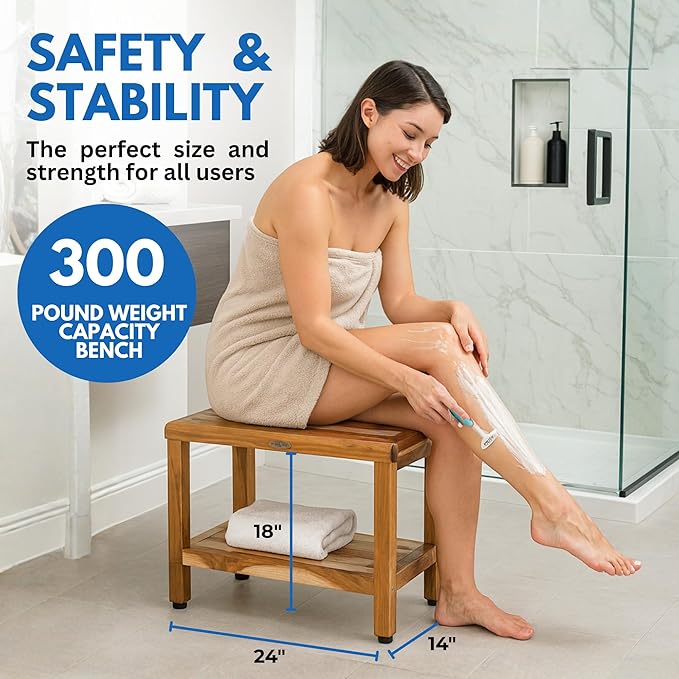 EcoDecors Eleganto 24 Inch Natural Color Waterproof Teak Wood Shower Bench Stool Seat Chair For Inside Shower Provides Safety, Storage, and Organization For Bathroom Accessories