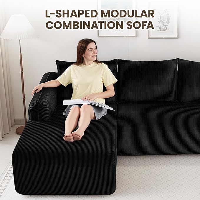 UMBFUN 103" Cloud Sectional Couch for Living Room, Boneless Couch with L-Shape Chaise, Modular Sectional Sofa with Deep Seat, Oversized Modular Sofa for Bedroom, No Assembly Required, Corduroy