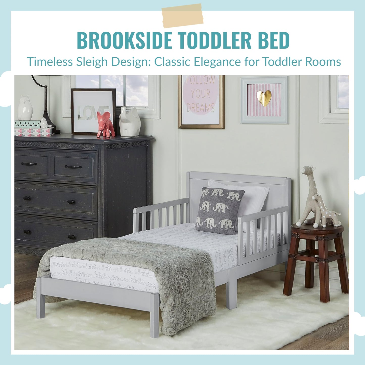 Dream On Me Brookside Toddler Bed In Pebble Grey, Greenguard Gold /JPMA Certified, Low To Floor Design, Non-Toxic Finish, Safety Rails, Made Of Pinewood