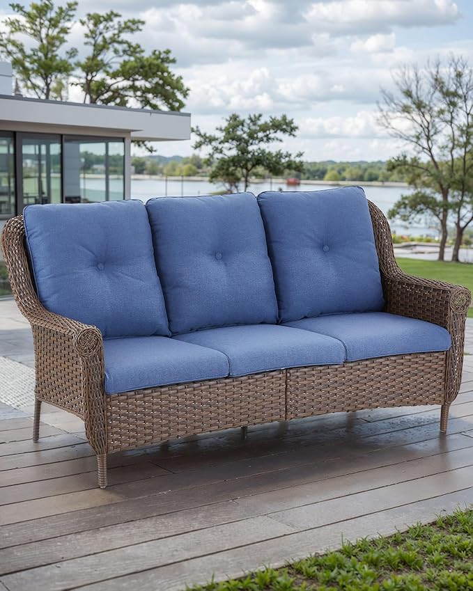 ACTREST Patio Couch Outdoor Wicker Sofa - Heavy Duty All-Weather Brown Rattan 3-Seater with High Back and Comfortable Thick Cushions for Garden Back Porch Poolside Apartment - Navy Blue