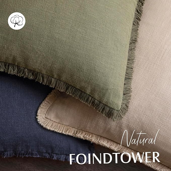 Foindtower Set of 2 Decorative Cozy Farmhouse Cushion Cover Linen Fringe Throw Pillow Covers with Tassels for Couch Sofa Bed Living Room Home Decor,26×26 Inch,Tan Beige