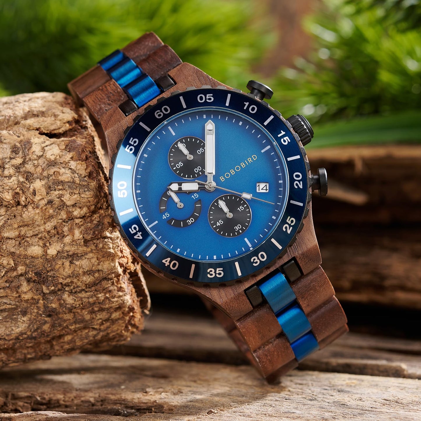 2win Engraved Wooden Watches for Men Blue Date Chronograph Military Luxury Personalized Customized Wrist Watches Anniversary Watch Gift for Husband My Man Boyfriend (A-for-Husband)