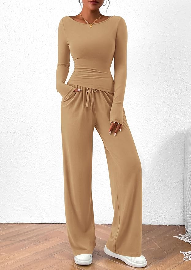 PRETTYGARDEN Women's 2 Piece Lounge Sets Asymmetrical Long Sleeve T Shirt Wide Leg Pants Casual Outfits Tracksuit