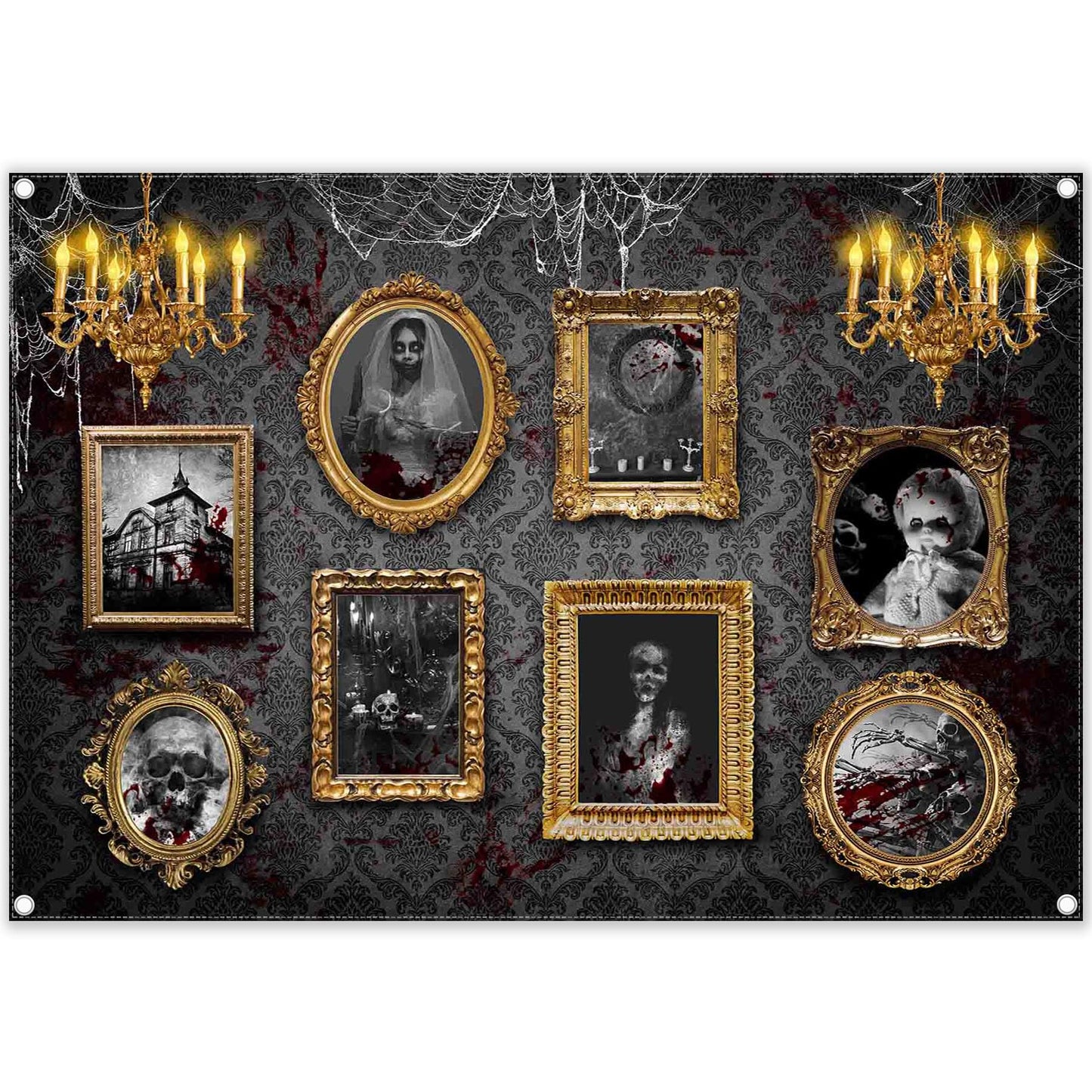 ZTHMOE 7x5ft Polyester Halloween Haunted House Photography Backdrop Gothic Horror Photo Frames Background Scary Spider Web Blood Party Decorations Photo Banner Props with Four Holes Easy to Hang