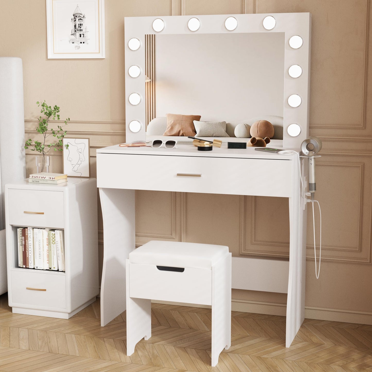 Vanity Desk with Lights, Makeup Vanity Desk with Lighted Mirror and Charging Station, ，3 Lighting Modes Adjustable Brightness,Makeup Vanity Set with Cushioned Chair