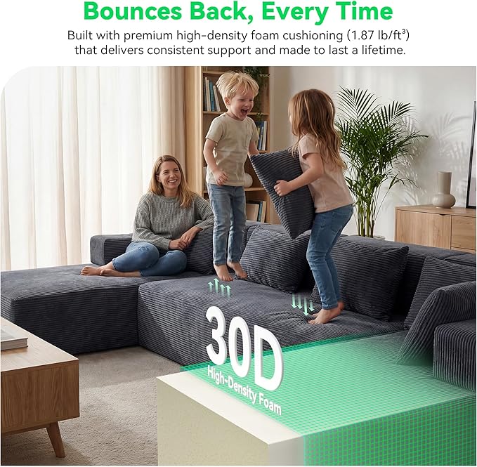 MONVANE 141'' Modular Sectional Sofa, PRO Version U-Shape Boneless Couch, Oversized Deep Seating Cloud Couch, No Assembly, High-Resilience Foam, Soft Corduroy Fabric, for Living Room Apartments Grey | High-Resilience Foam