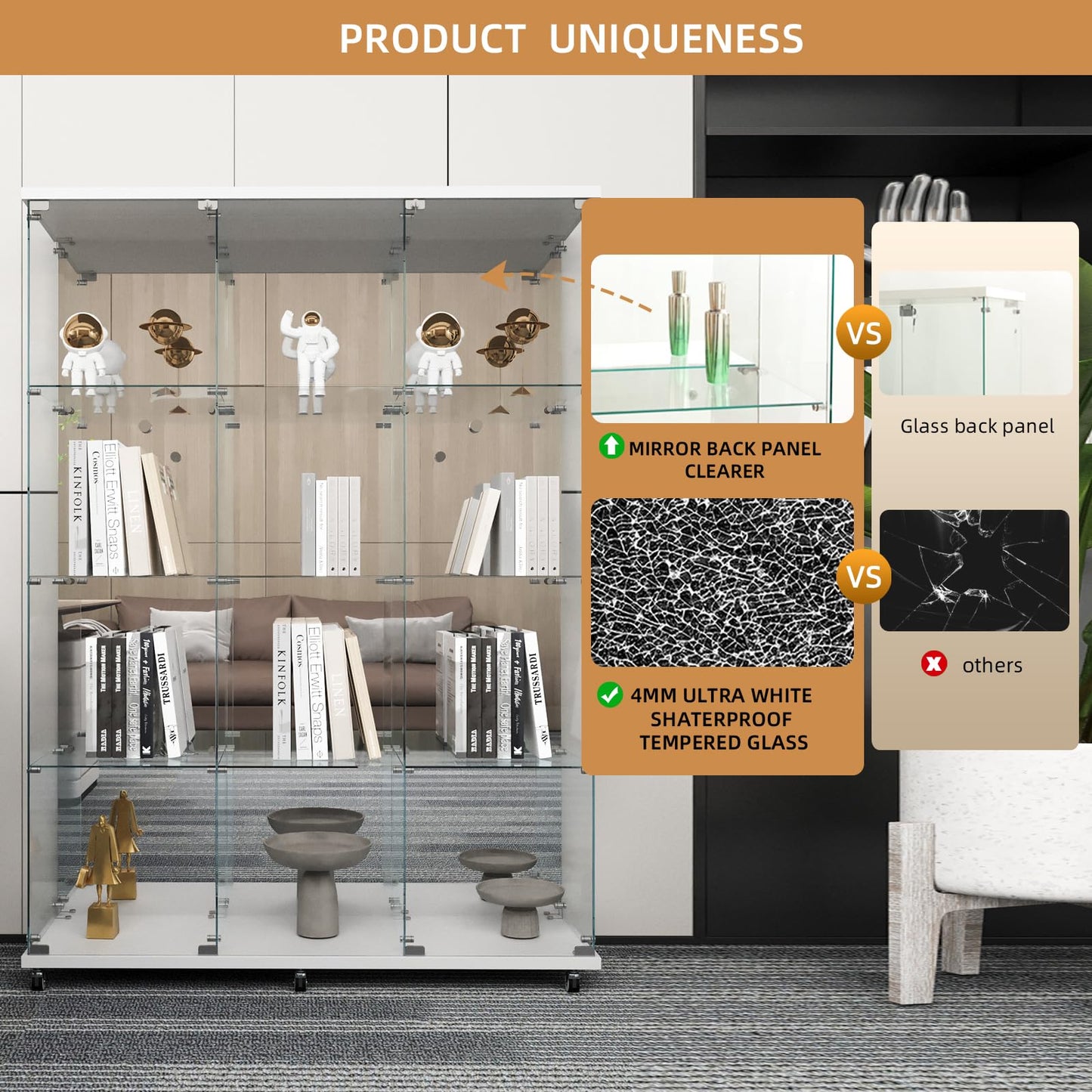 Beauty4U Glass Display Cabinet with Mirror Back Panel, 12 Shelves with 3 Columns, Curio Cabinets for Living Room, Bedroom, Office, White Floor Standing Glass Bookshelf, Quick Installation