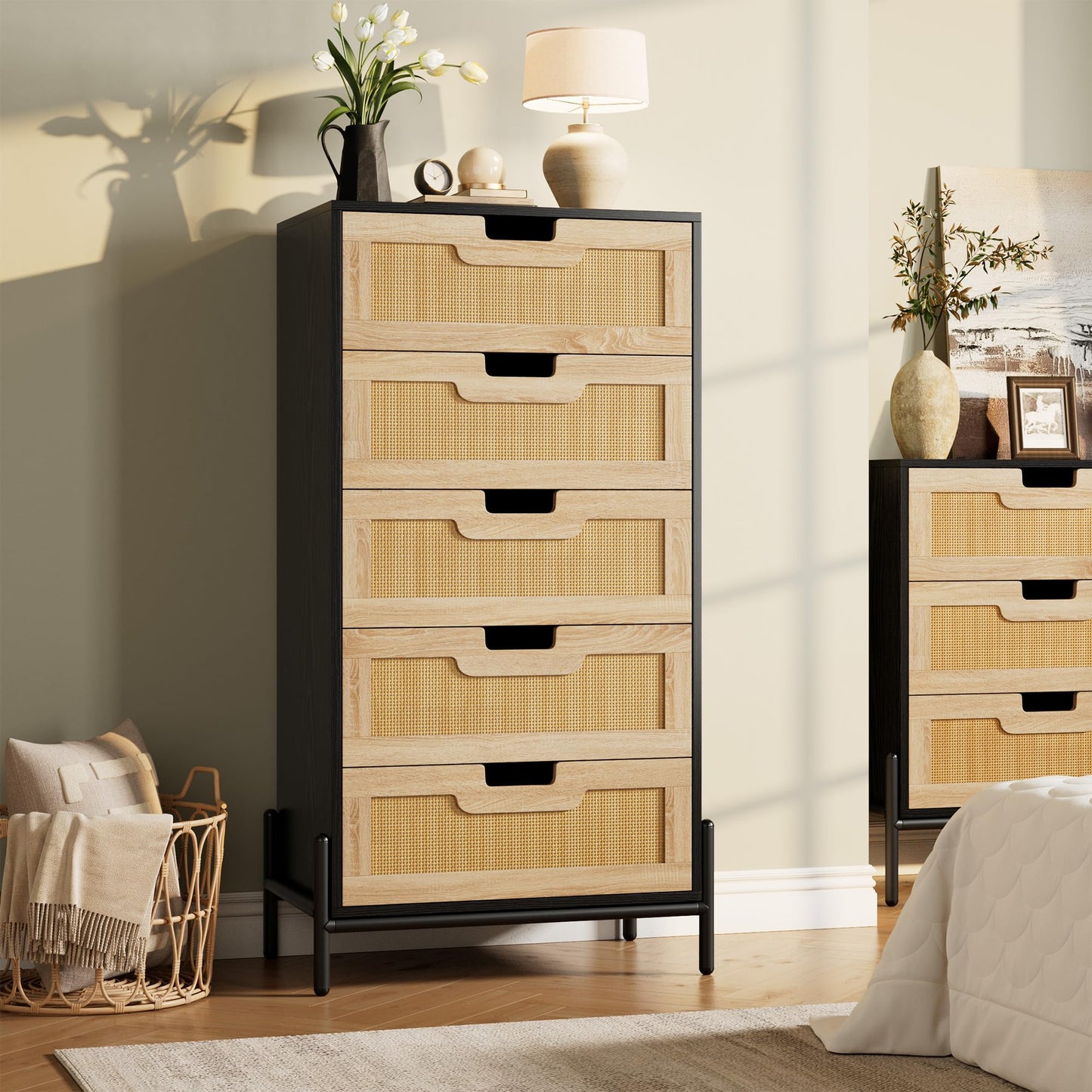 GarveeHome Natural Rattan 5 Drawer Dresser, Wooden Chest of Drawer, Farmhouse Storage Cabinet with Solid Metal Legs, Modern Storage Unit for Bedroom, Living Room, Entryway, Black