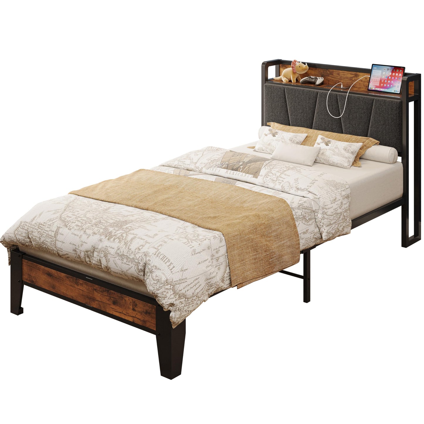 LIKIMIO Twin XL Bed Frames, Storage Headboard with Charging Station, Solid and Stable, Noise Free, No Box Spring Needed, Easy Assembly