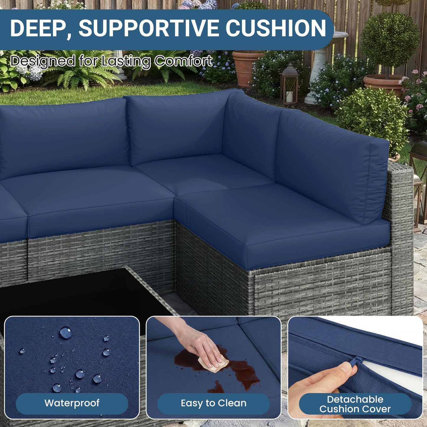 Wisteria Lane 7 Pieces Outdoor Patio Furniture Set, Wicker Outdoor Patio Sectional Sofas with Coffee Table, All-Weather Patio Conversation Set for Backyard Garden, Navy Blue