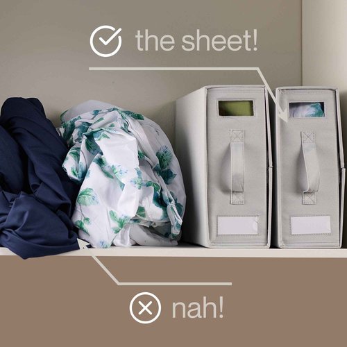 LOFT + IVY Sheet Organizers and Storage – Bed Sheet Holders Box for Linen Closet, Foldable Bedding Storage with Handles, Label Slot, Closure – Grey, 4-Pack