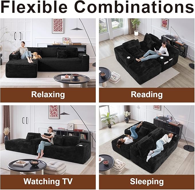 Cloud Sectional Couch with L-Shape Chaise, Modern Modular Sofa with Deep Seat, Built-in Cup Holder & Storage Pocket for Living Room Bedroom, No Assembly Required (Black, Left Sitting Chaise)