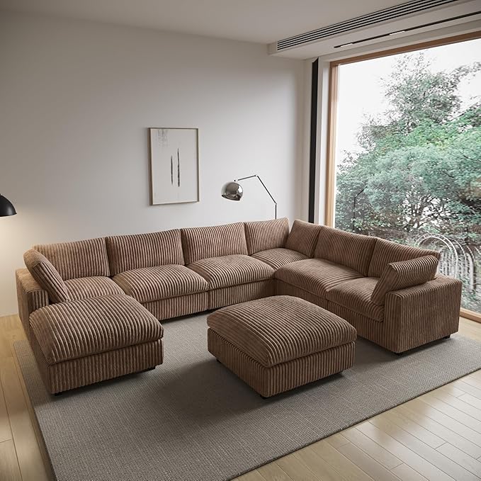 WJShome Cloud Couch Modular Sectional Sofa,157" Oversized 8 Seater Convertible Sofa,U Shaped Couch with Ottoman,Plush Sofas with 2 Chaise for Living Room,Covers Washable&Replaceable (Brown)