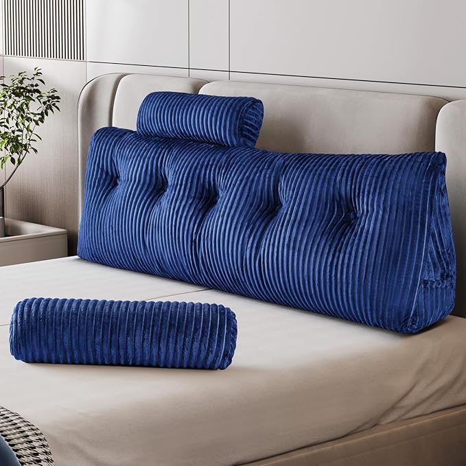 Z-hom Queen Wedge Headboard Pillow with 2 Roll Cushions, Large Reading Pillow for Bed Sitting Up, Triangular Backrest Cushion for Headboard, Ergonomic Support Pillow for Back Pain Relief, Blue