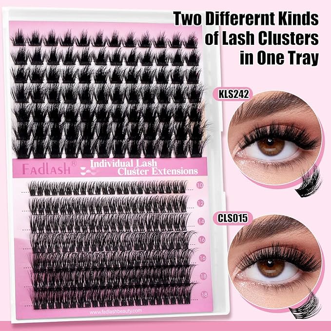 FADLASH Lash Extension Kit Lash Clusters Kit 10-18mm Eyelash Cluster Lashes with Lash Bond and Seal Lash Tweezers DIY at Home (KLS242+CLS015-07D-10-18 Kit)