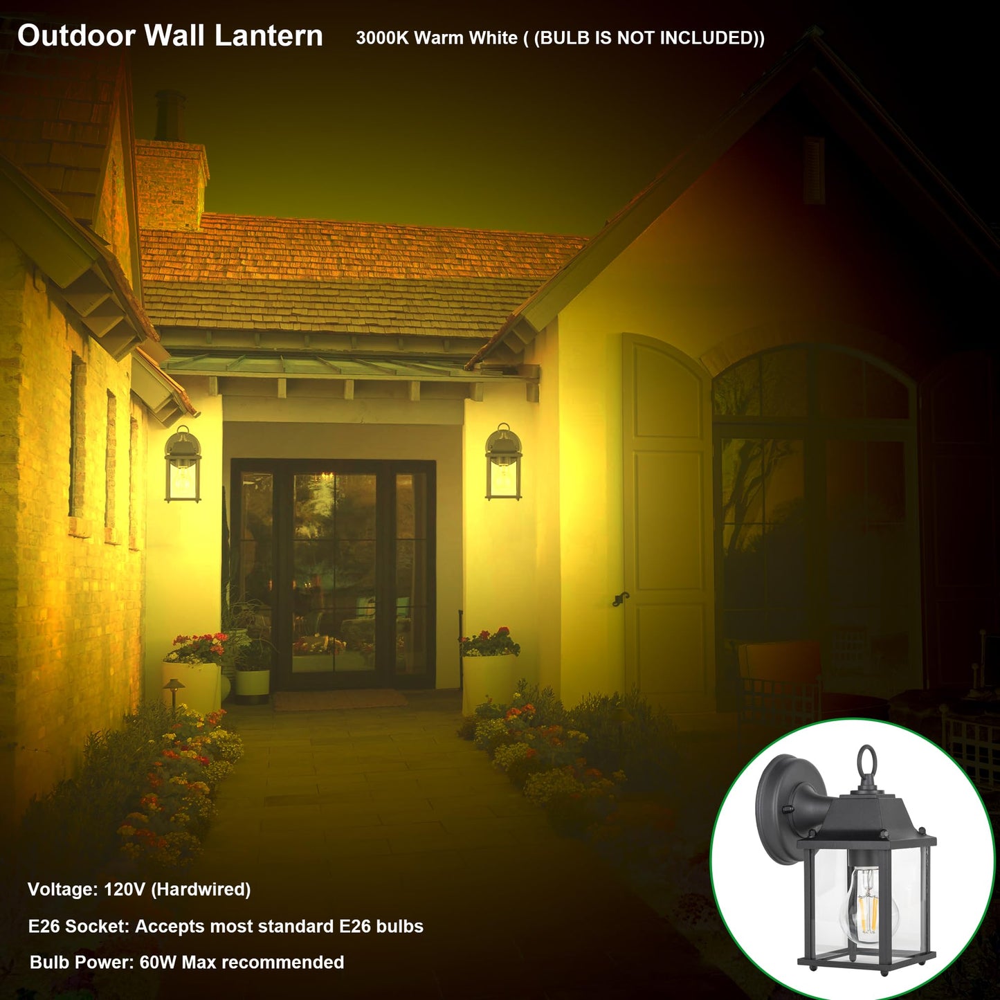 LIT-PaTH Outdoor Wall Lantern, Wall Sconce as Porch Lighting Fixture, E26 Base, Aluminum Housing Plus Glass, Water-Proof and Outdoor Rated, ETL Qualified, 1-Pack, Black