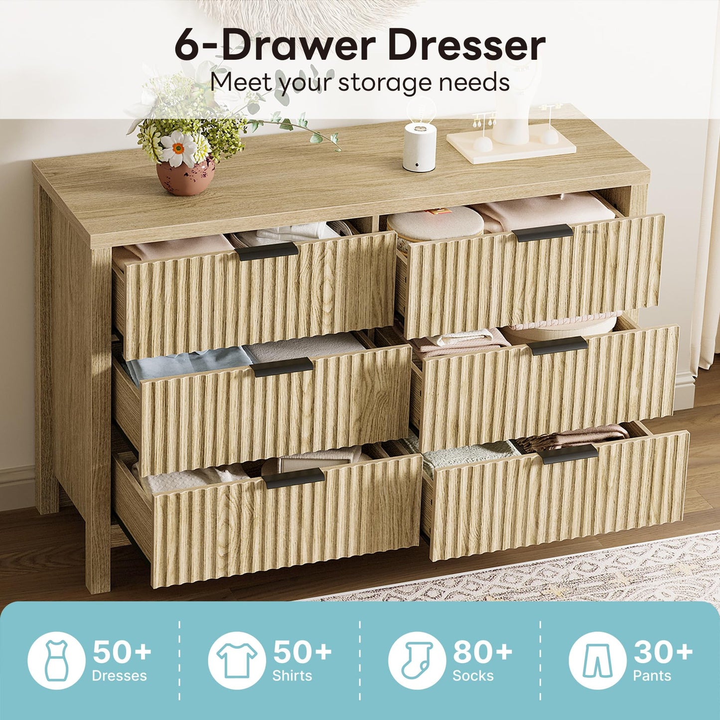LIKIMIO Fluted 6 Drawers Dresser for Bedroom, 47" Wide Modern Chest of Drawers Closet Dressers, Wooden Dresser Storage Organizer for Living Room, Entryway, Hallway, Natural Oak