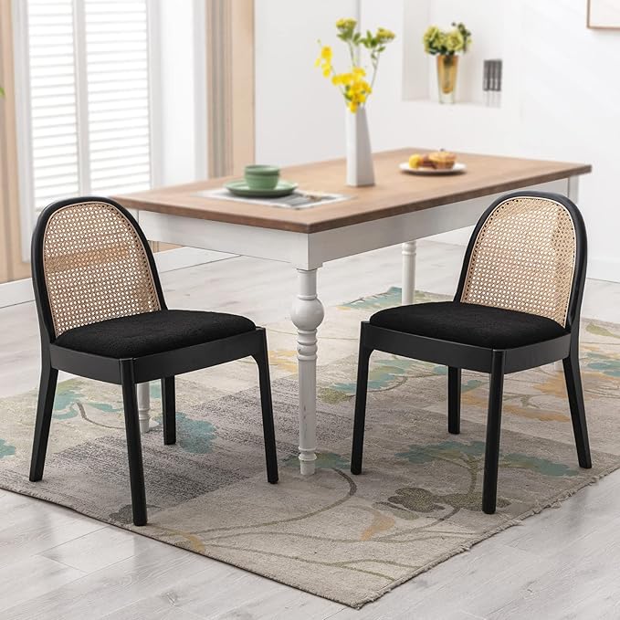DUOMAY Mid-Century Modern Rattan Dining Chairs Set of 6, Wooden Dining Room Chair with Cane Backrest and Padded Seat, Black Sherpa Upholstered Dining Chair, Black Finish
