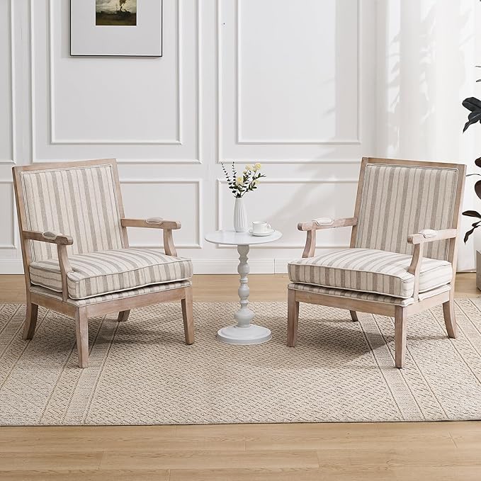 Mid Century Modern Accent Chair Set of 2, Upholstered Armchair with Solid Wood Frame & Wide Cushion Comfy Living Room Chairs Lounge Retro Reading Chair for Bedroom, Guest Room, Balcony, Khaki stripe