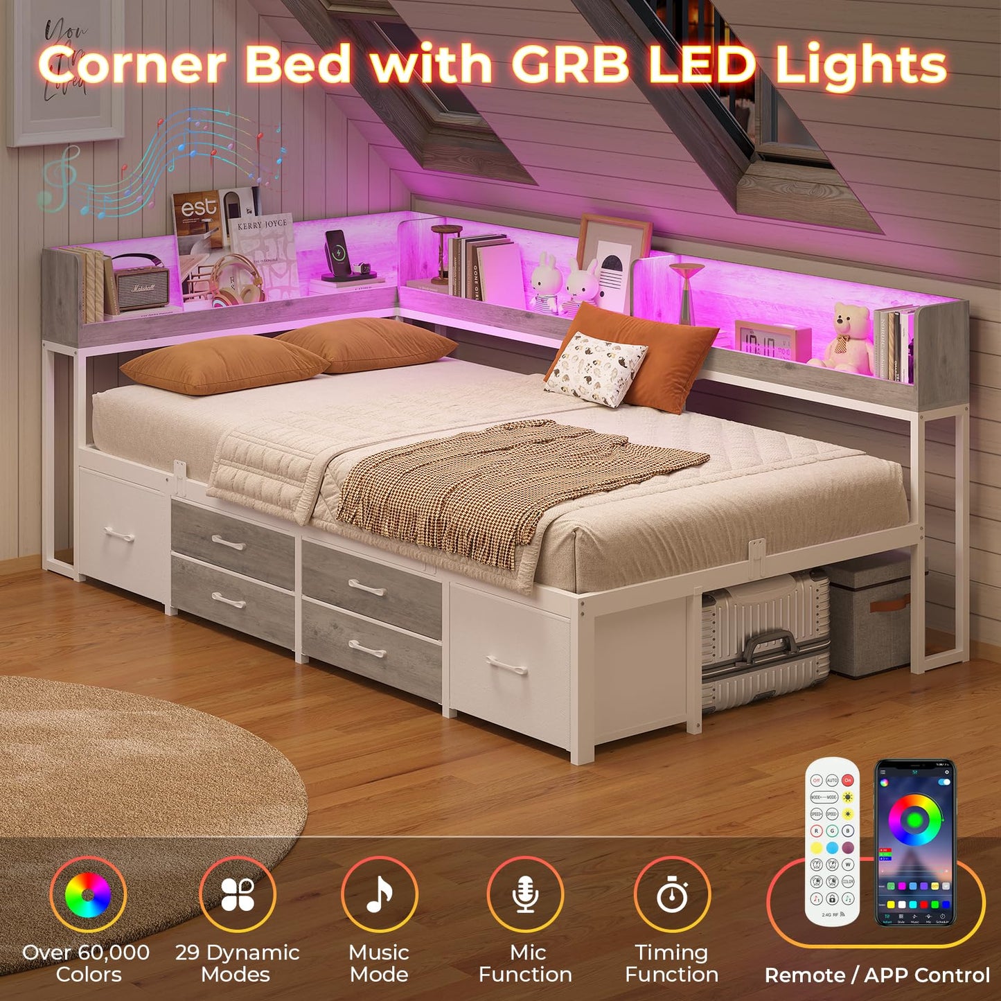 MSmask 14 Inch Corner Bed Frame with Bookcase Storage, Twin Daybed with 6 Drawers, Charging Station and LED Light, Twin Size Metal Platform Bed Frame for Kids Teenagers, White & Oak Grey