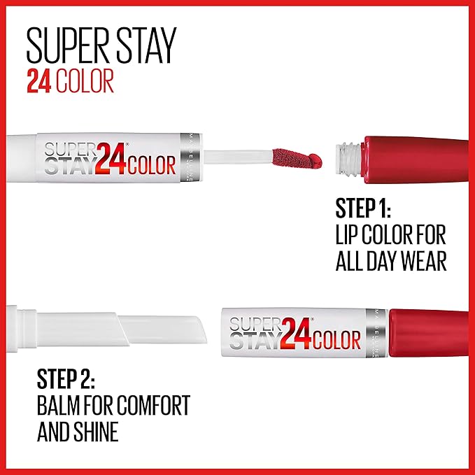 Maybelline Super Stay 24, 2-Step Liquid Lipstick Makeup, Long Lasting Highly Pigmented Color with Moisturizing Balm, Everlasting Wine, Plum Red, 1 Count