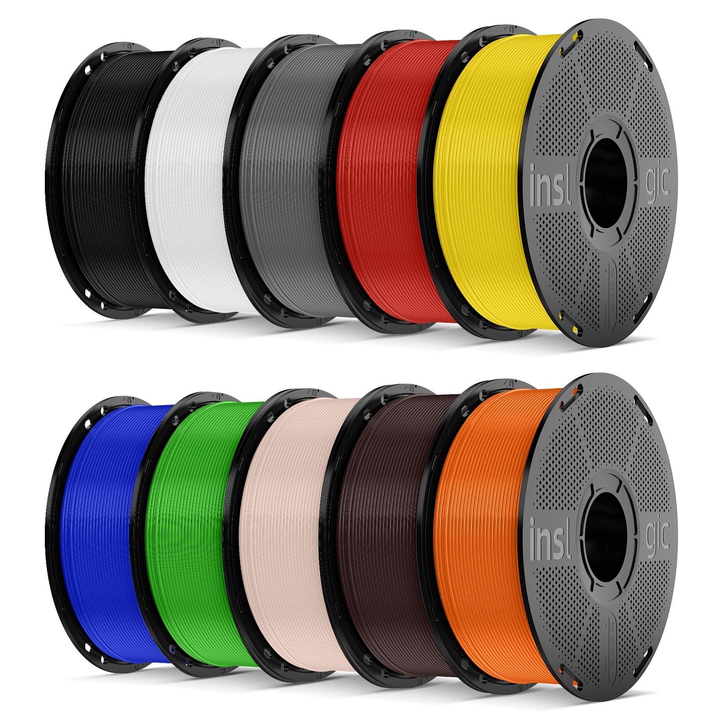Inslogic Pre-Dried 10kg PLA Pro 3D Printer Filament Bundle, Strong & Tough PLA Pro Filament 1.75mm ±0.02mm, Reusable Spool, 10 Colors, 10kg Total, 10×1kg