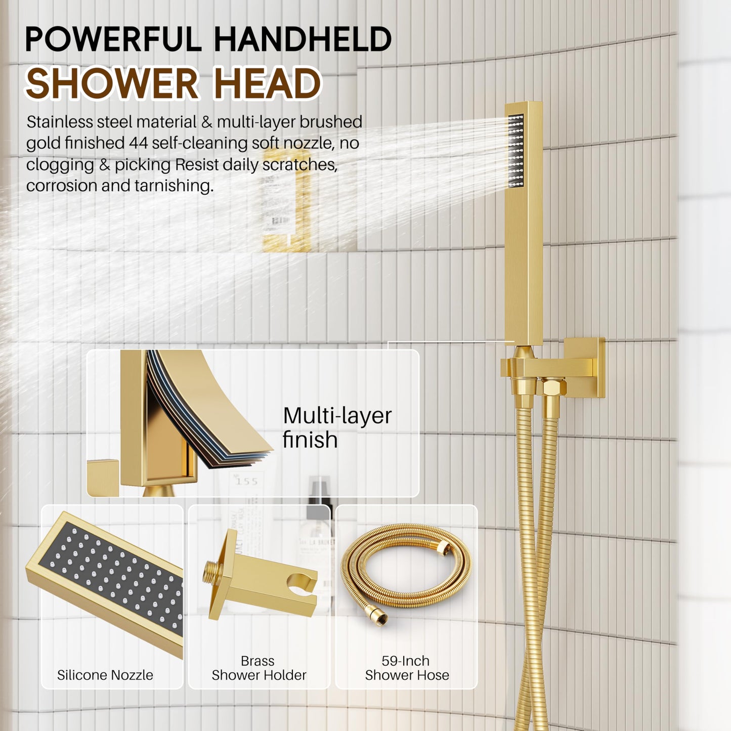 HomGoo Gold Shower System, Shower Faucet Set with 10" Rain Showerhead and Handheld Combo Spray, Bathroom Wall Mounted High Pressure Shower Combo Set Included Valve and Trim, Brushed Gold