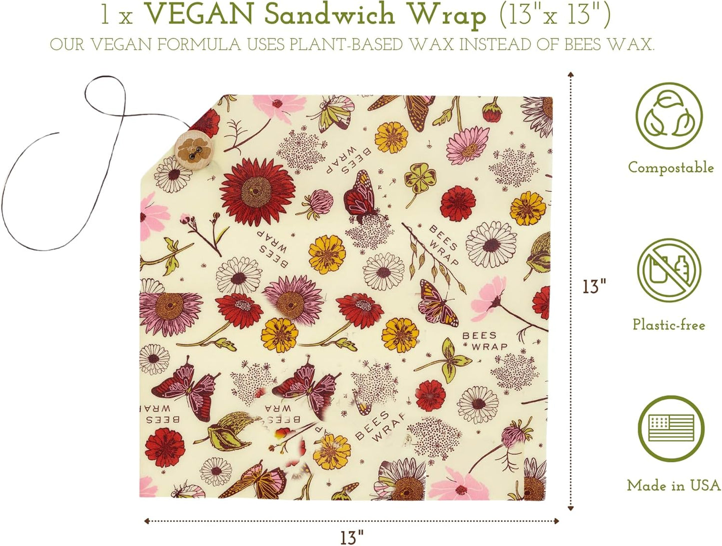 Bee's Wrap Vegan Beeswax Wraps for Food - Vegan Meadow Magic Sandwich Wrap - Made in USA Reusable Bread Bags - Organic & Eco-Friendly Alternative to Aluminum Foil, Sandwich Bags & Plastic Wrap