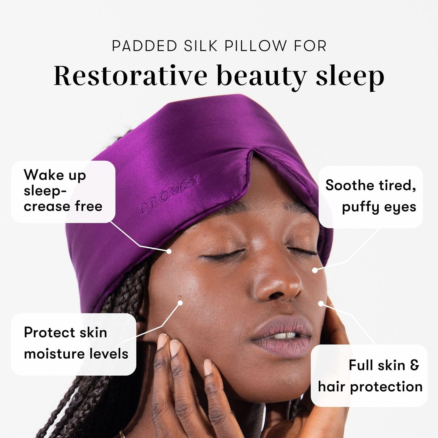 DROWSY Silk Sleep Mask - Face-Hugging, Padded Cocoon for Luxury Sleep in Total Darkness - 100% Pure Mulberry Silk (Purple Martini)
