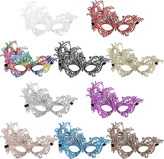 JOVITEC 10 pcs Multicolored Masquerade Masks for Women Lace Venetian Masks Halloween Carnival Mari Grass Costume Party