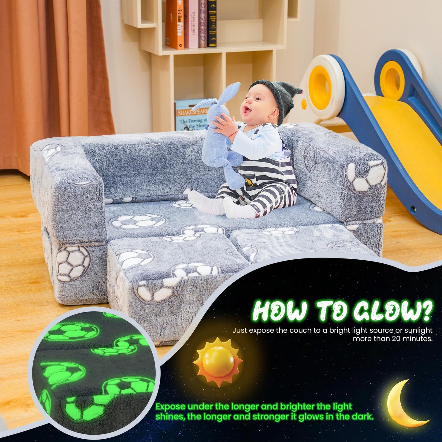 Lamerge Toddler Couch Glow in The Dark Toddler Fold Out Couch for playroom, Convertible Baby Fold Out Play Foam and Floor Cushion for Bedroom (Grey+Football)