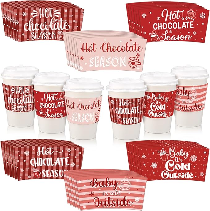 Vesici 36 Sets Christmas Hot Cocoa Coffee Cup with Lids and Sleeves 12oz Christmas Disposable Paper Cup Hot Cocoa Chocolat...