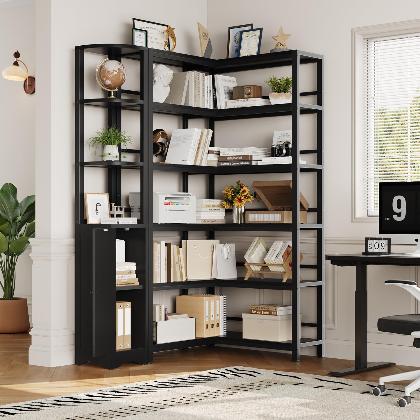 Keyluv Black Corner Bookshelf 72" Tall Corner Book Shelves Cases 2 Pieces Open Bookcase Large Storage Display Shelf Standing 6 Tier Shelving Unit with Cabinet for Home office Living Room, Wood & Metal
