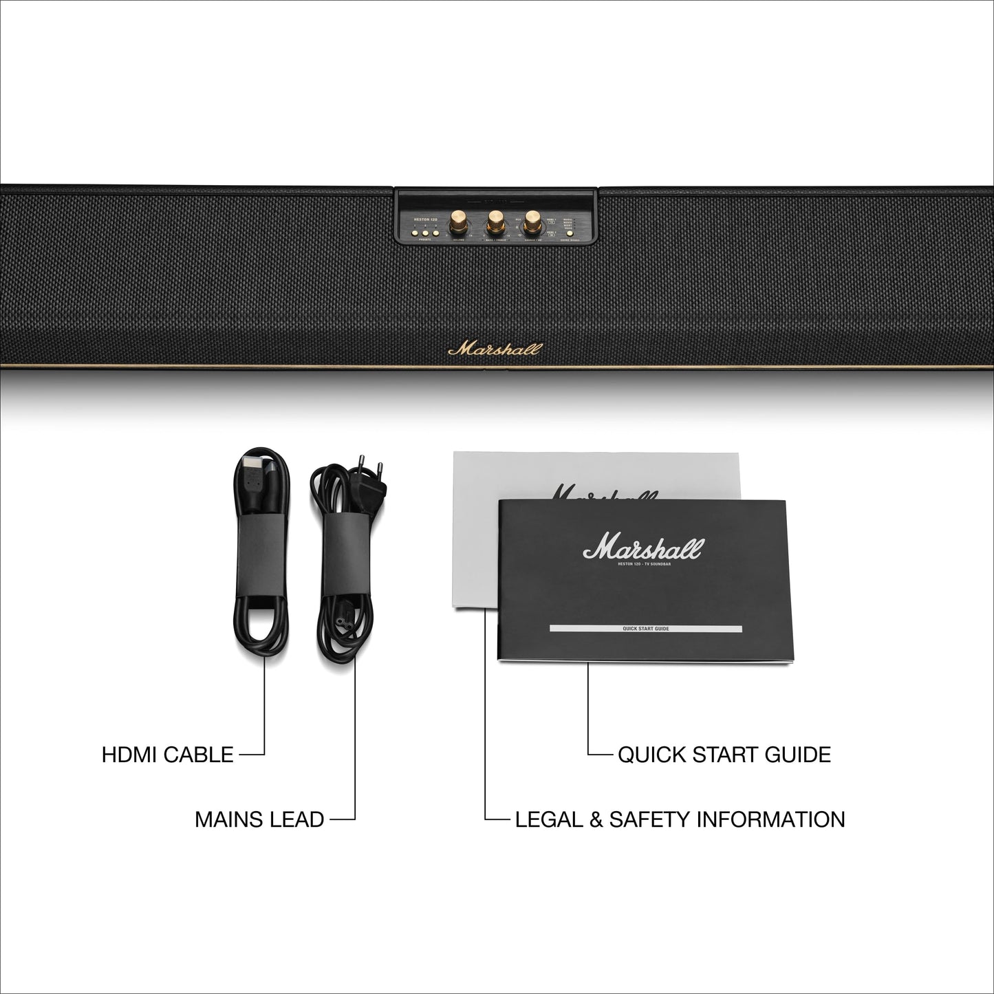 Marshall Heston 120 Soundbar - Dolby Atmos Immersive Sound and Built-in Subwoofer for TV, Movies and Music | Volume, Bass, Treble Controls | Bluetooth, WiFi, HDMI, RCA Inputs - Black