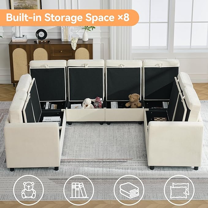 104'' U Shaped Modular Sofa, Sectional Couches with Storage for Living Room, Oversized 8 Seater Cloud Sectional Couch, Chenille Beige