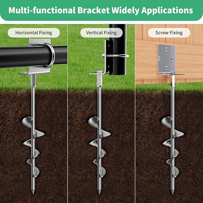 Phopich Multi-Purpose Ground Anchors Screw in, 16in Fully Welded Heavy Duty Trampoline Stakes with Brackets, T-Wrench and Adapter for Drill, Earth Anchor kit for Mobile Home, Trampoline, Shed 2Pack