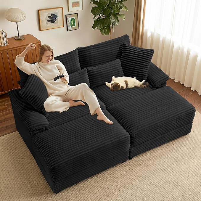 SUNWAVE 74" W Double Chaise Lounge Chair Indoor, Oversized Loveseat with Storage Ottoman, Corduroy Couch with USB Charging, Removable Ottoman, and Coffee Table Cushions for Living Room Bedroom