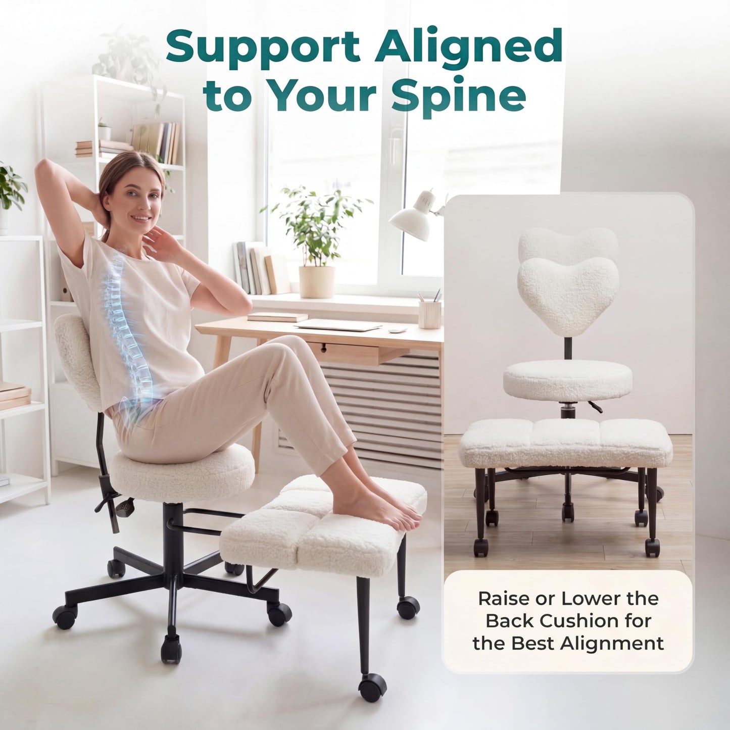 Ergonomic Cross Legged Office Chair with Foot Rest for Kneeling Seating - Crisscross Desk Chair with Wheels for ADHD to Sit Cross Legged - Multi-Position Adjustable Seat with Back Support for Women