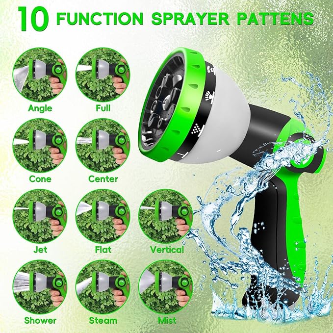 Garden Hose 50FT, NON-EXPANDABLE Heavy-Duty Flexible & Lightweight Water Hose with 10-Function Nozzle, No-Kink, Leak-Proof, Solid Fittings for Car, RV Marine Camper, Outdoor, Yard, Lawn