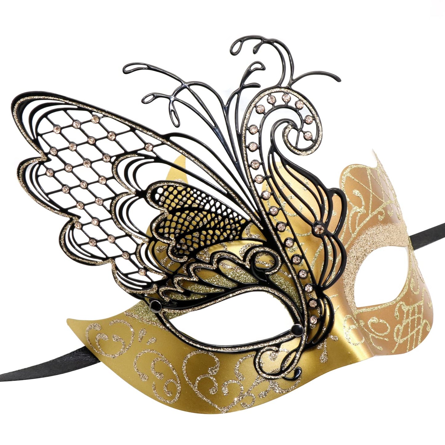 Mysterious Venetian Butterfly Lady Masquerade Halloween Party Mask Evening Prom Ball Mask Bar Costumes Accessory (Black-Gold)