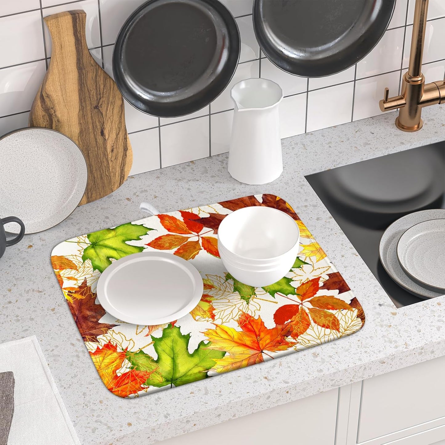 Fall Leaf Dish Drying Mat for Kitchen Counter 16x18 Inch Autumn Harvest Thanksgiving Maple Leaves Absorbent Reversible Microfiber Dish Drainer Rack Mats Countertops Protector Mat