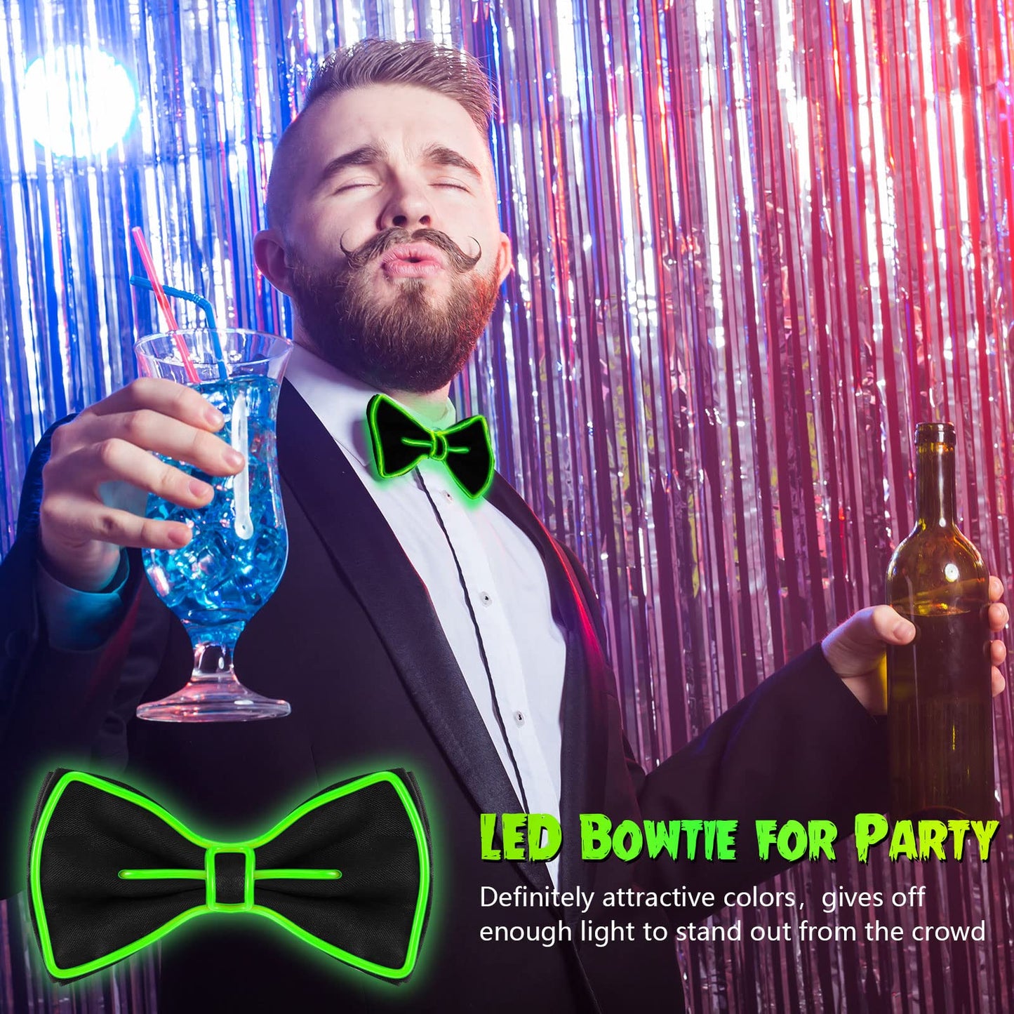 Hercicy Light up Bow Tie for Men LED Neon Bowtie Funny Ties Women Glow in the Dark Party Costume(Fluorescent Green, Blue,2 Pcs)