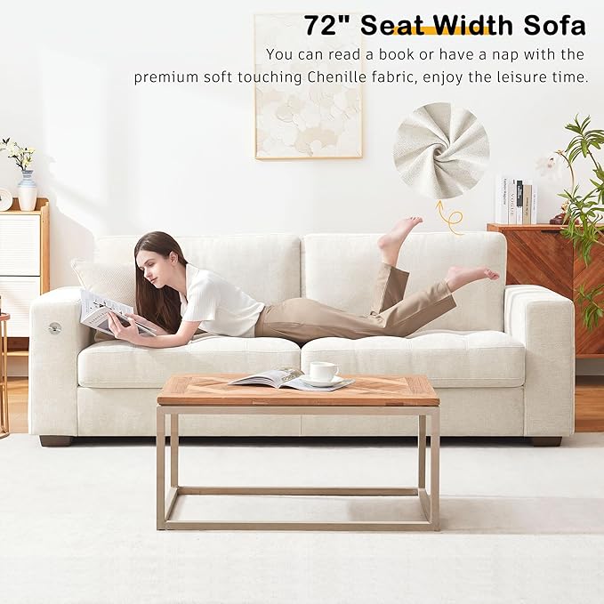 Hanherry 89" Sofa for Living Room, Modern Comfy Sofa with Medium Firm Seat Cushion, Removable Cover,Wide Armrest,USB/Type-C Port,Chenille Fabric Couches for Small Space,Apartment