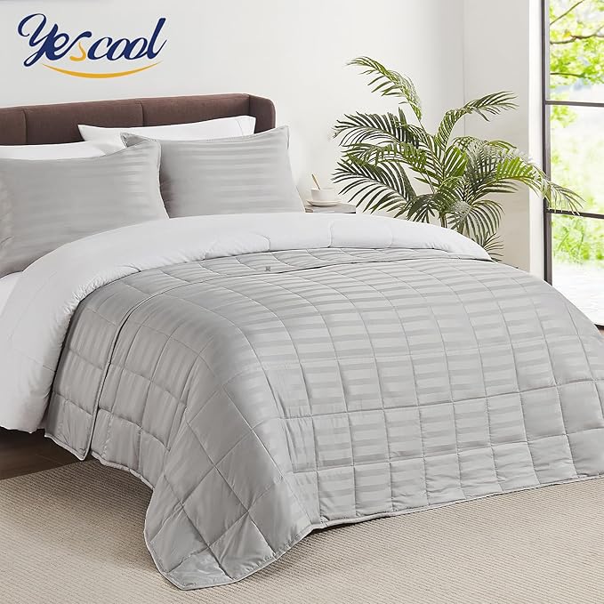 yescool Weighted Blanket for Adults (15 lbs, 48" x 72", Light Grey Stripes) Heavy Blanket for Sleeping Perfect for 160-180 lbs, Twin Size Breathable Blanket with Premium Glass Bead, Machine Washable