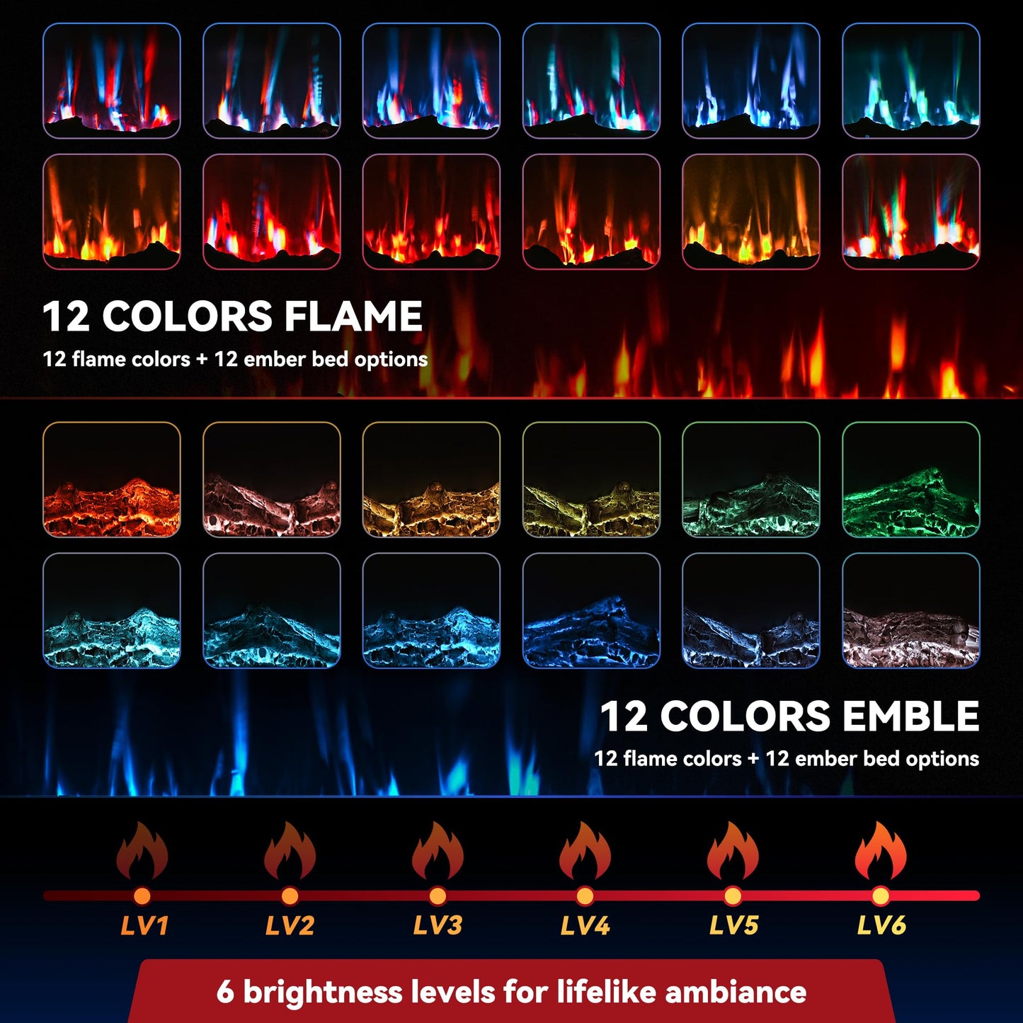 Manastin 60 inch Electric Fireplace in-Wall Recessed 2026 Upgrade Wall Mounted Fireplace with Remote Control, 1500/750W Fireplace Heater with 12 Adjustable Color, Timer, Log and Crystal
